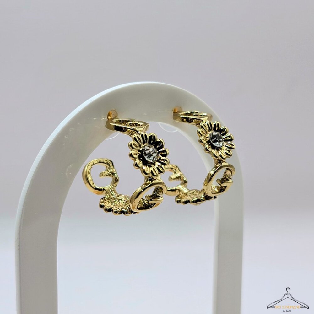 Gold Daisy Rhinestone "G" Hoop Earrings
